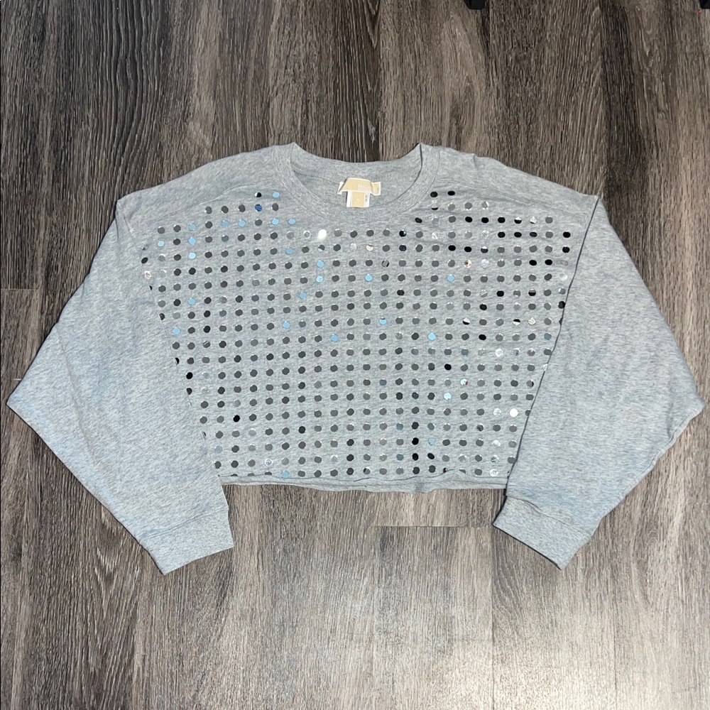 MICHAEL Michael Kors Cropped Gray Sweatshirt with Silver Mirror Dots Size XL